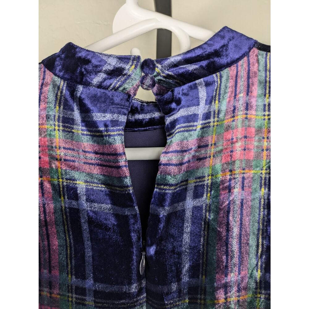 Boden Velvet High Neck Dress Short Puff Sleeve Blue Colorful Plaid - Picture 9 of 10